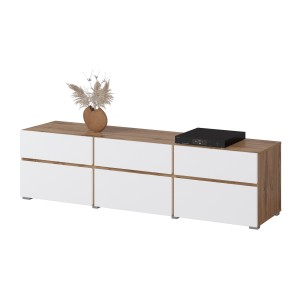 Meuble TV HAVANA – 180 cm – 3 portes abattantes et 3 tiroirs – Chêne et blanc – Design contemporain