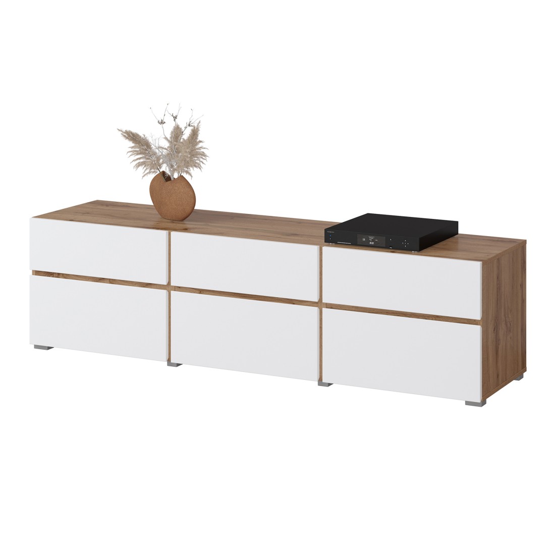 Meuble TV HAVANA – 180 cm – 3 portes abattantes et 3 tiroirs – Chêne et blanc – Design contemporain