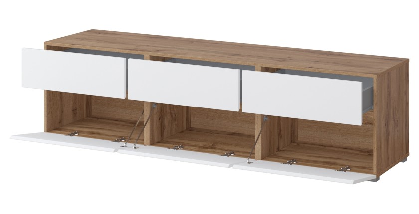 Meuble TV HAVANA – 180 cm – 3 portes abattantes et 3 tiroirs – Chêne et blanc – Design contemporain