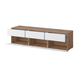 Meuble TV HAVANA – 180 cm – 3 portes abattantes et 3 tiroirs – Chêne et blanc – Design contemporain