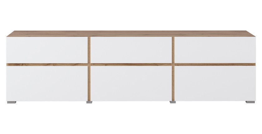 Meuble TV HAVANA – 180 cm – 3 portes abattantes et 3 tiroirs – Chêne et blanc – Design contemporain