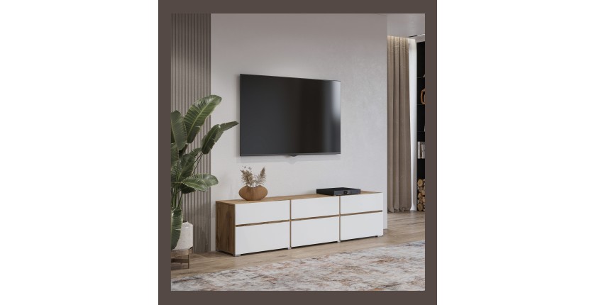 Meuble TV HAVANA – 180 cm – 3 portes abattantes et 3 tiroirs – Chêne et blanc – Design contemporain