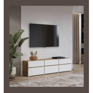 Meuble TV HAVANA – 180 cm – 3 portes abattantes et 3 tiroirs – Chêne et blanc – Design contemporain