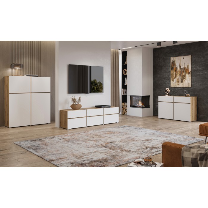 Meubel TV HAVANA – 180 cm – 3 klapdeuren en 3 laden – Eiken en wit – Hedendaags ontwerp