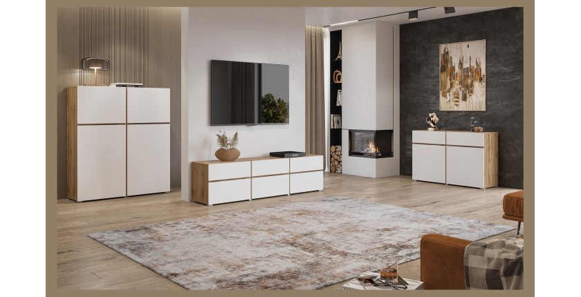 Meuble TV HAVANA – 180 cm – 3 portes abattantes et 3 tiroirs – Chêne et blanc – Design contemporain