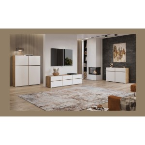Meuble TV HAVANA – 180 cm – 3 portes abattantes et 3 tiroirs – Chêne et blanc – Design contemporain