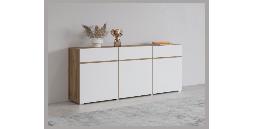 Buffet HAVANA – 180 cm – 3 portes battantes et 3 tiroirs – Chêne et blanc – Design contemporain