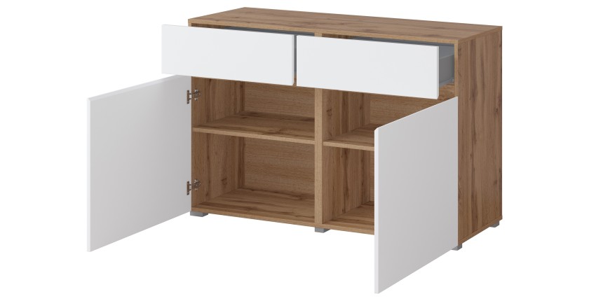 Buffet HAVANA – 120 cm – 2 portes battantes et 2 tiroirs – Chêne et blanc – Design moderne