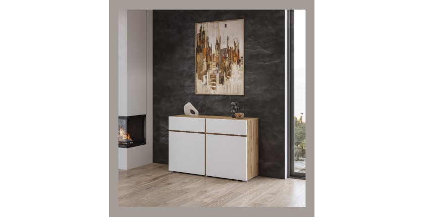Buffet HAVANA – 120 cm – 2 portes battantes et 2 tiroirs – Chêne et blanc – Design moderne