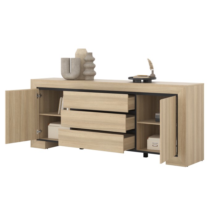 Buffet-Serie COPA – 2 Türen und 3 Schubladen – 225x90x48 cm – Elegante Eiche – Skandinavisches Design