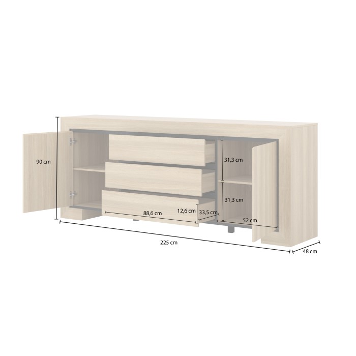 Buffet-Serie COPA – 2 Türen und 3 Schubladen – 225x90x48 cm – Elegante Eiche – Skandinavisches Design
