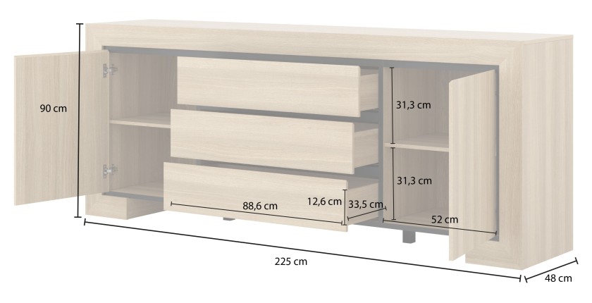 Buffet collection COPA – 2 portes et 3 tiroirs – 225x90x48 cm – Chêne élégant – Design scandinave