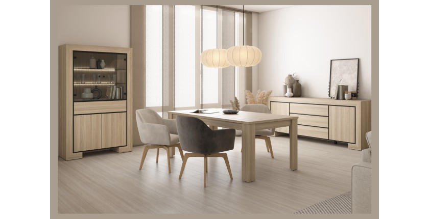Breites COPA-Schaufenster – 4 Türen (2 verglast, 2 voll) und 1 Schublade – Elegante Eiche – Integrierte LED-Beleuchtung