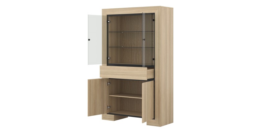 Breites COPA-Schaufenster – 4 Türen (2 verglast, 2 voll) und 1 Schublade – Elegante Eiche – Integrierte LED-Beleuchtung