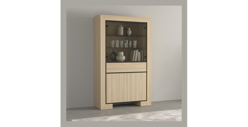 Breites COPA-Schaufenster – 4 Türen (2 verglast, 2 voll) und 1 Schublade – Elegante Eiche – Integrierte LED-Beleuchtung