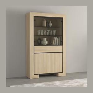 Breites COPA-Schaufenster – 4 Türen (2 verglast, 2 voll) und 1 Schublade – Elegante Eiche – Integrierte LED-Beleuchtung