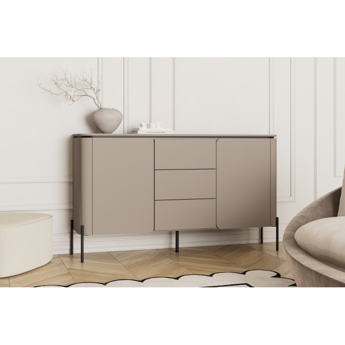 Buffet BELLA 2 deuren 3 laden – Afwerking Congo mat – Zwarte metalen poten