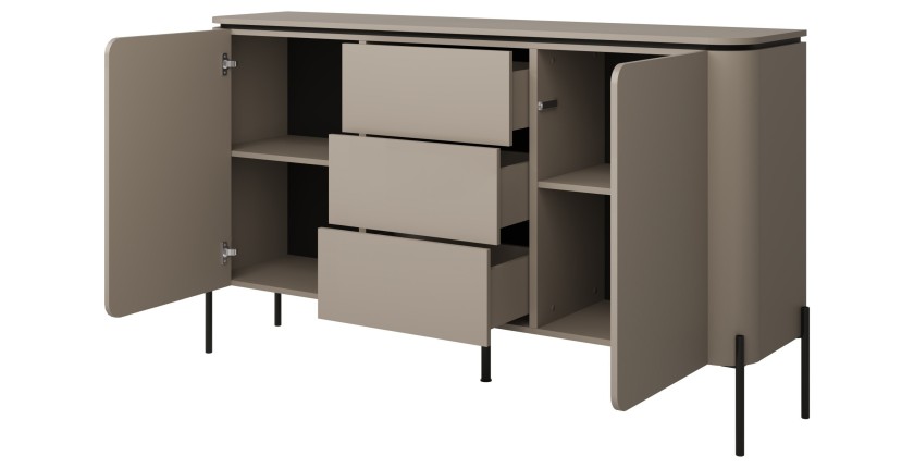 Buffet BELLA 2 portes 3 tiroirs – Finition Congo mat – Pieds métal noirs