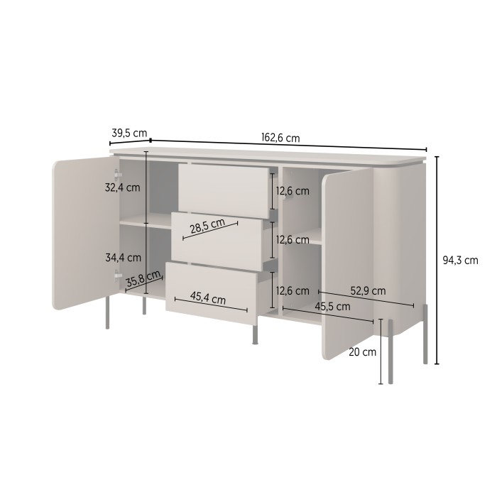 Buffet BELLA 2 deuren 3 laden – Afwerking Congo mat – Zwarte metalen poten