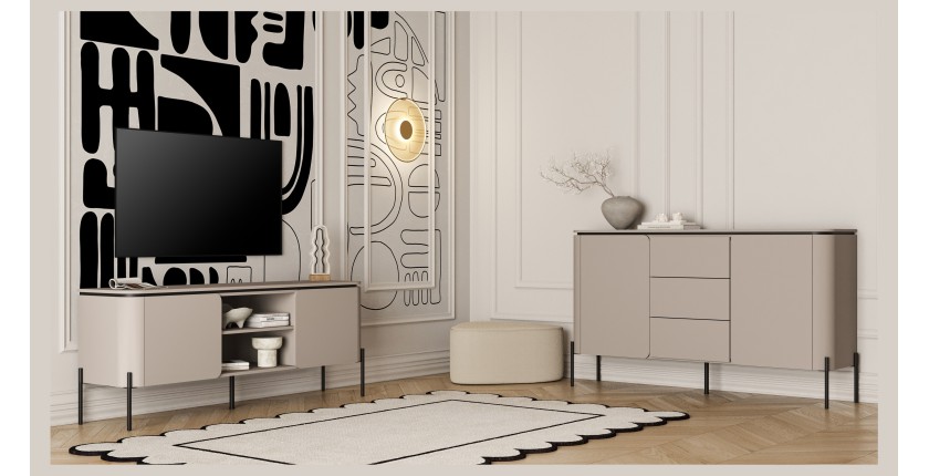 Buffet BELLA 2 portes 3 tiroirs – Finition Congo mat – Pieds métal noirs