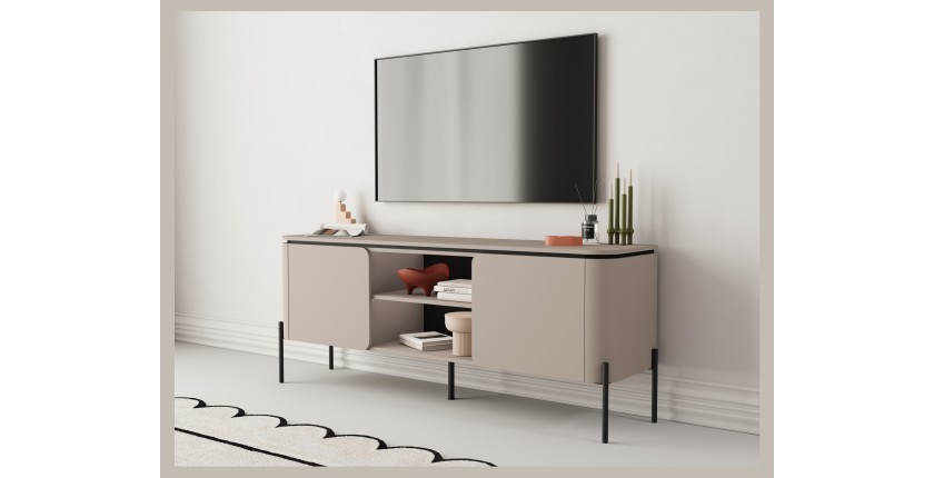 Meuble TV BELLA 2 portes – Finition Congo mat – Design arrondi et pieds métal noirs