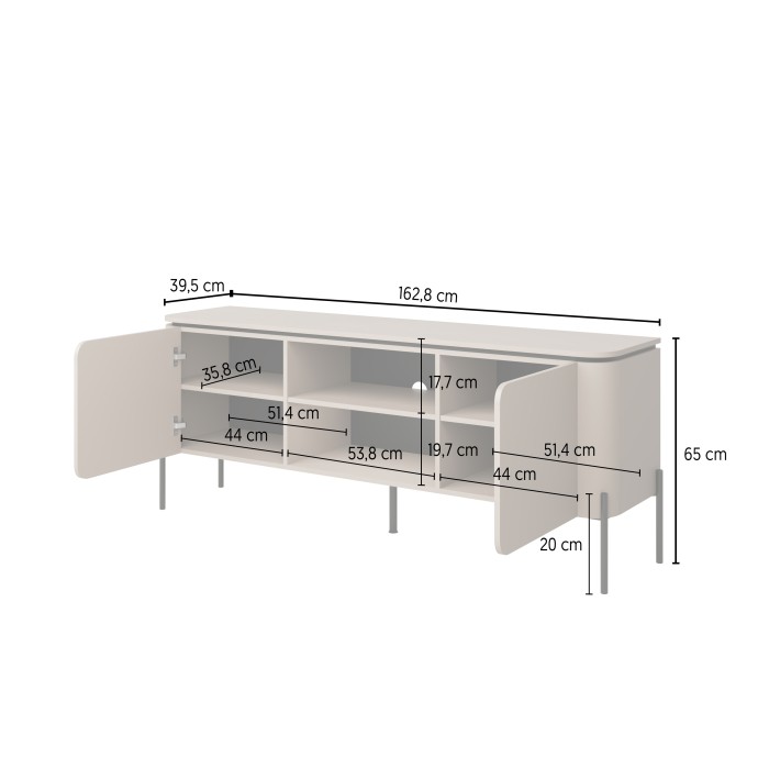 Meubel TV BELLA 2 deuren – Afwerking mat Congo – Afgerond ontwerp en zwarte metalen poten
