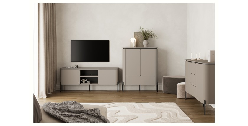 Meuble TV BELLA 2 portes – Finition Congo mat – Design arrondi et pieds métal noirs