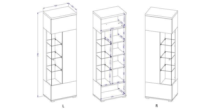 Vitrine 1 Tür NESS – Ausführung Congo &amp; Anthrazit – LED neutralweiß – 10 Designfächer