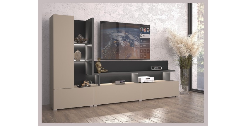 Meuble TV mural NESS – Ensemble 270 cm avec éclairage LED – 2 tiroirs, 2 portes, 10 niches