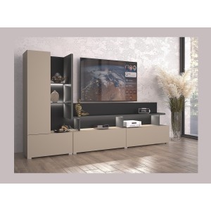 Meuble TV mural NESS – Ensemble 270 cm avec éclairage LED – 2 tiroirs, 2 portes, 10 niches