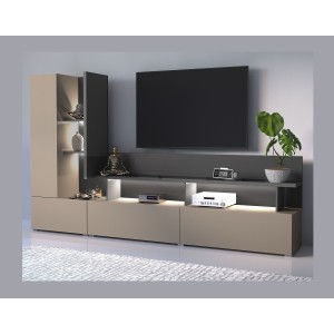 Meuble TV mural NESS – Ensemble 270 cm avec éclairage LED – 2 tiroirs, 2 portes, 10 niches