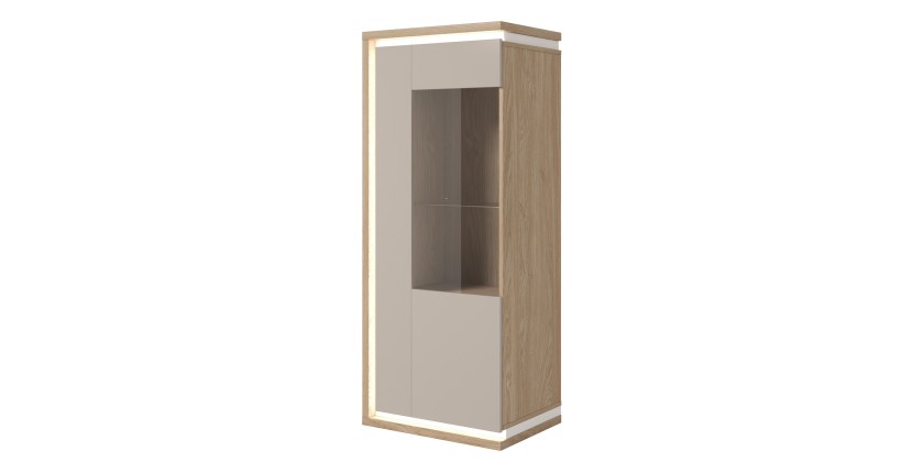 Vitrine basse JULIA 1 porte – Chêne huilé et beige cashmere avec éclairage LED intégré