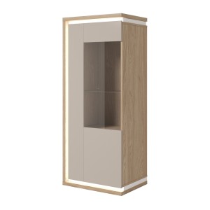 Vitrine basse JULIA 1 porte – Chêne huilé et beige cashmere avec éclairage LED intégré