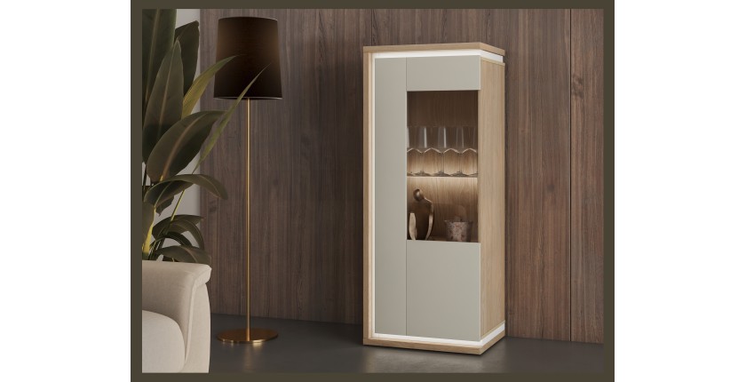 Vitrine basse JULIA 1 porte – Chêne huilé et beige cashmere avec éclairage LED intégré