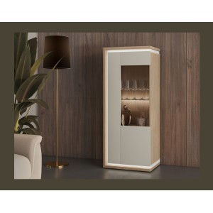 Vitrine basse JULIA 1 porte – Chêne huilé et beige cashmere avec éclairage LED intégré