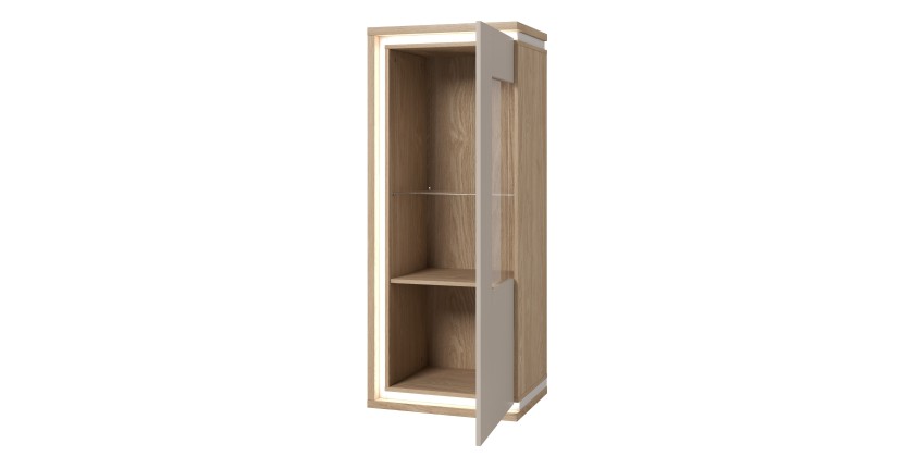 Vitrine basse JULIA 1 porte – Chêne huilé et beige cashmere avec éclairage LED intégré