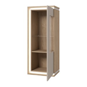 Vitrine basse JULIA 1 porte – Chêne huilé et beige cashmere avec éclairage LED intégré