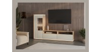 Vitrine basse JULIA 1 porte – Chêne huilé et beige cashmere avec éclairage LED intégré
