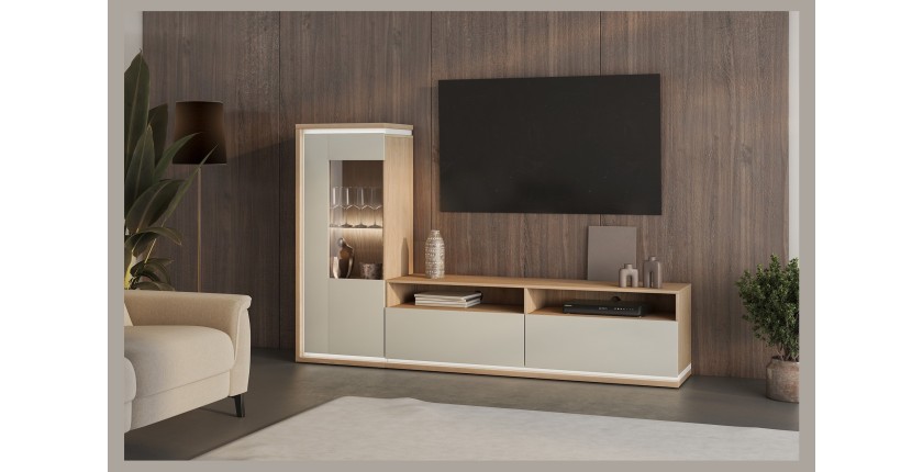 Vitrine basse JULIA 1 porte – Chêne huilé et beige cashmere avec éclairage LED intégré