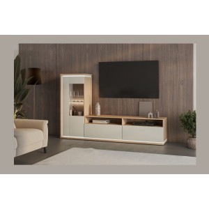 Vitrine basse JULIA 1 porte – Chêne huilé et beige cashmere avec éclairage LED intégré