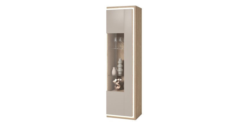 Vitrinen-Hochschrank JULIA 1 Tür – Geöltes Eichenholz und Cashmere-Beige mit integrierter LED-Beleuchtung