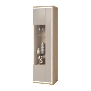 Vitrinen-Hochschrank JULIA 1 Tür – Geöltes Eichenholz und Cashmere-Beige mit integrierter LED-Beleuchtung