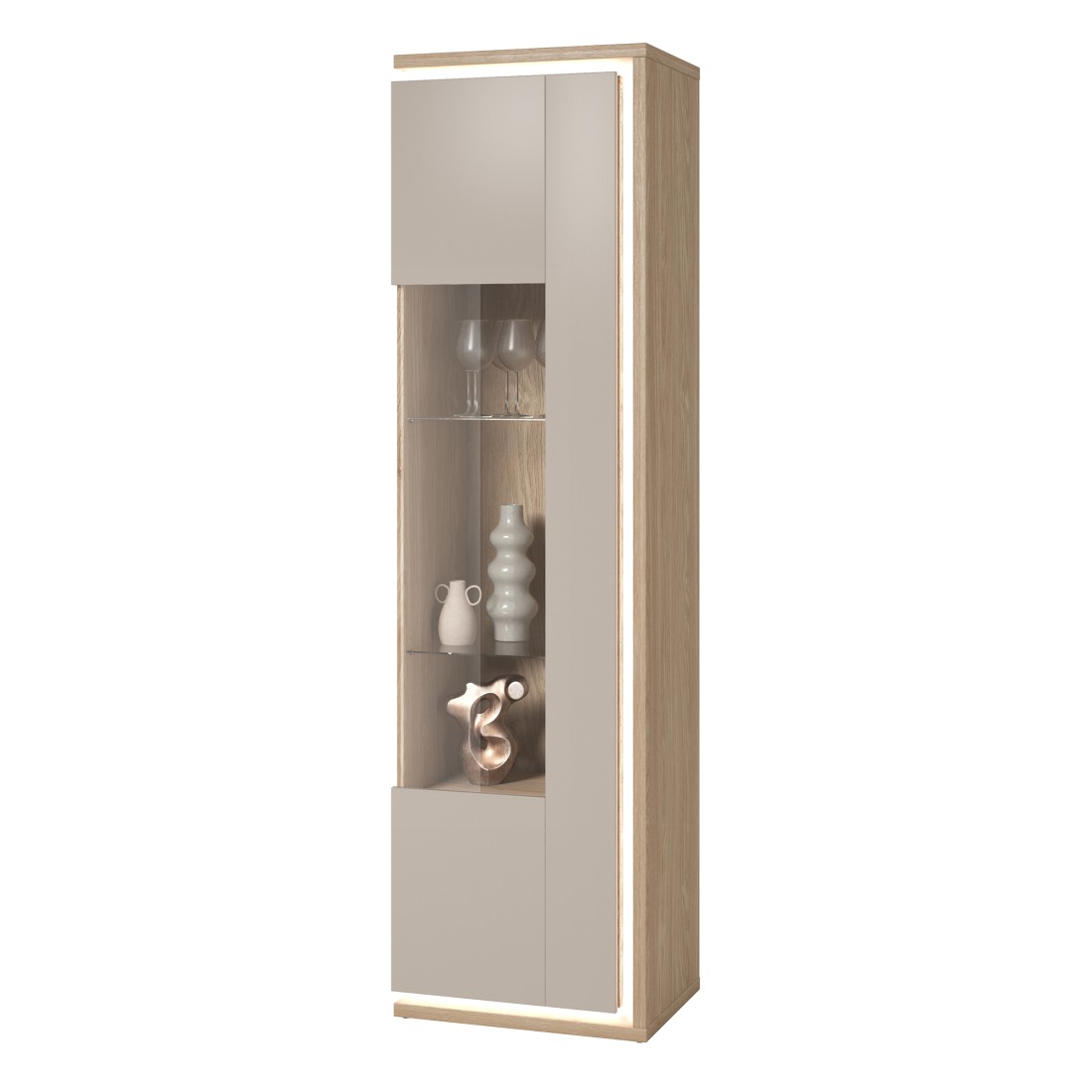 Vitrinen-Hochschrank JULIA 1 Tür – Geöltes Eichenholz und Cashmere-Beige mit integrierter LED-Beleuchtung