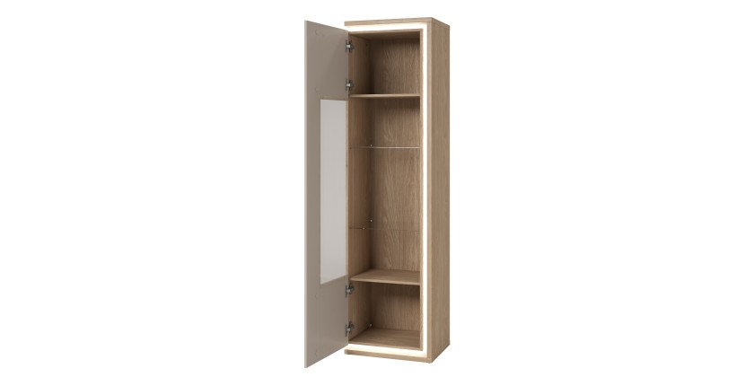 Vitrinen-Hochschrank JULIA 1 Tür – Geöltes Eichenholz und Cashmere-Beige mit integrierter LED-Beleuchtung