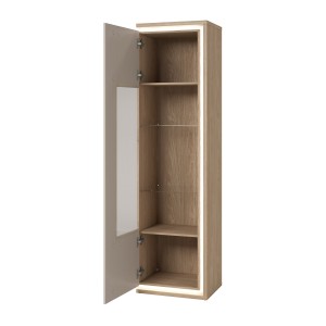 Vitrinen-Hochschrank JULIA 1 Tür – Geöltes Eichenholz und Cashmere-Beige mit integrierter LED-Beleuchtung