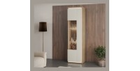 Vitrinen-Hochschrank JULIA 1 Tür – Geöltes Eichenholz und Cashmere-Beige mit integrierter LED-Beleuchtung