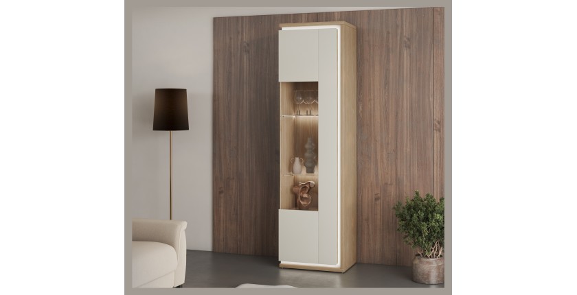 Vitrinen-Hochschrank JULIA 1 Tür – Geöltes Eichenholz und Cashmere-Beige mit integrierter LED-Beleuchtung
