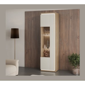 Vitrinen-Hochschrank JULIA 1 Tür – Geöltes Eichenholz und Cashmere-Beige mit integrierter LED-Beleuchtung