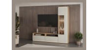 Vitrinen-Hochschrank JULIA 1 Tür – Geöltes Eichenholz und Cashmere-Beige mit integrierter LED-Beleuchtung