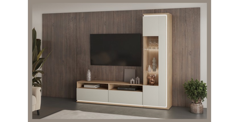 Vitrinen-Hochschrank JULIA 1 Tür – Geöltes Eichenholz und Cashmere-Beige mit integrierter LED-Beleuchtung